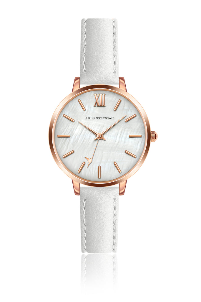 Emani White Leather Watch