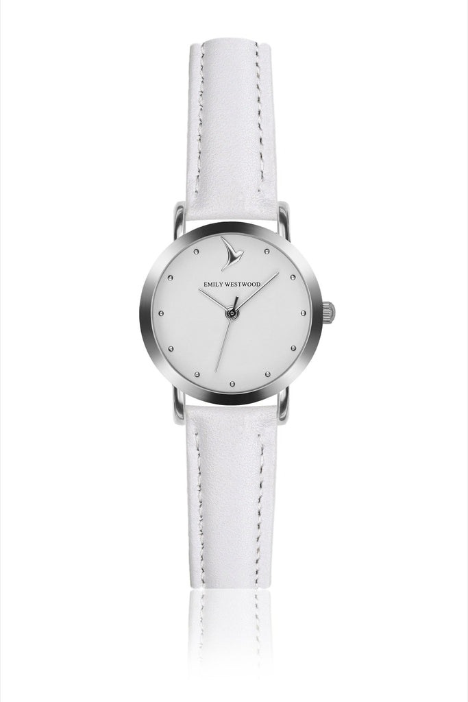Silver Classic Mini White Leather Watches.