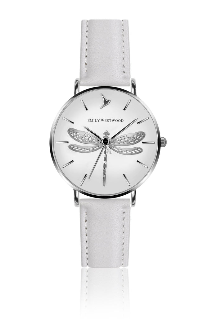 Silver Dragonfly White Leather Watches.