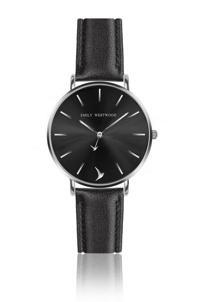 Silver Mini Emily Black Leather Watches.