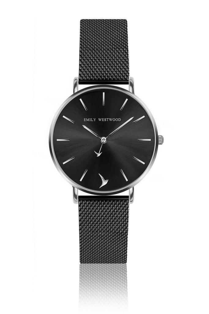 Silver Mini Emily Black Mesh Watches.